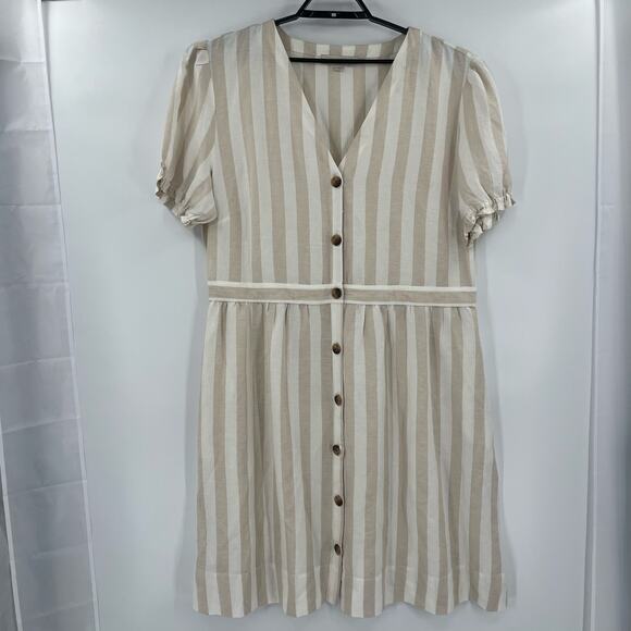 Loft Stripe Shirt Dress Sz 18  Linen Cottagecore Coastal Puff Sleeve Midi Beachy - Picture 11 of 11